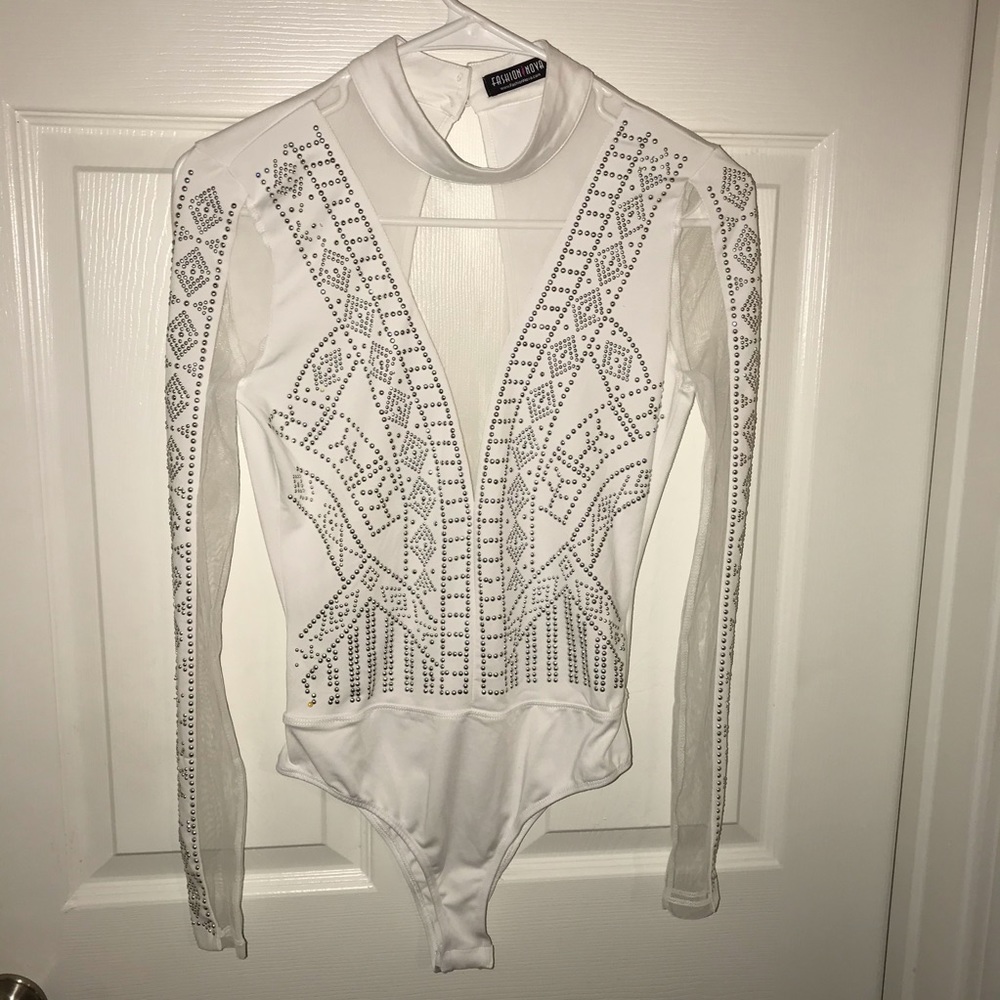 White Studded Open Back Mesh Bodysuit